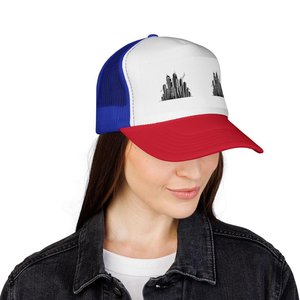Urban Skyline Trucker Cap — Minimal Black Cityscape Mesh Hat
