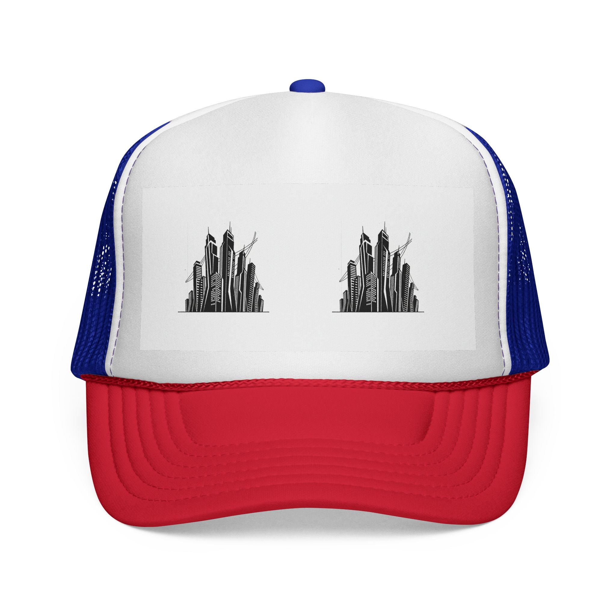 Urban Skyline Trucker Cap — Minimal Black Cityscape Mesh Hat