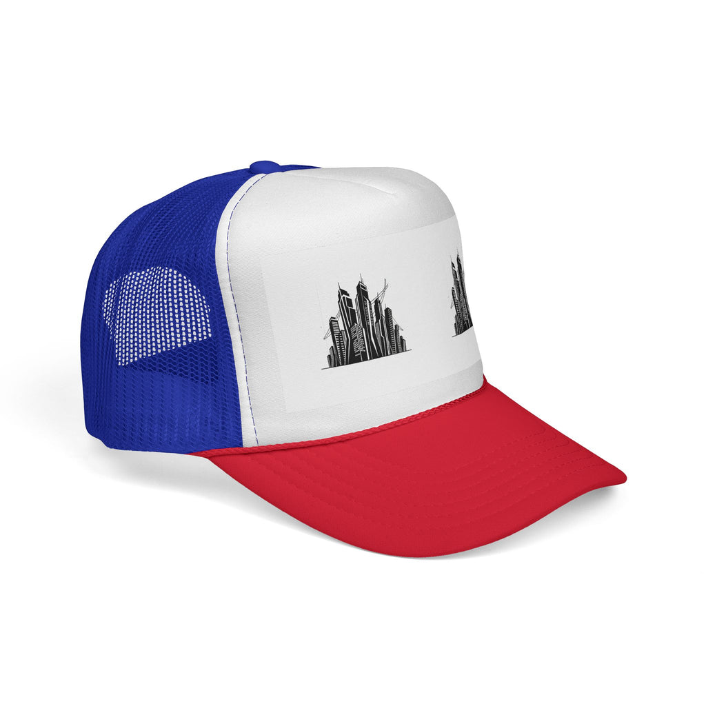 Urban Skyline Trucker Cap — Minimal Black Cityscape Mesh Hat